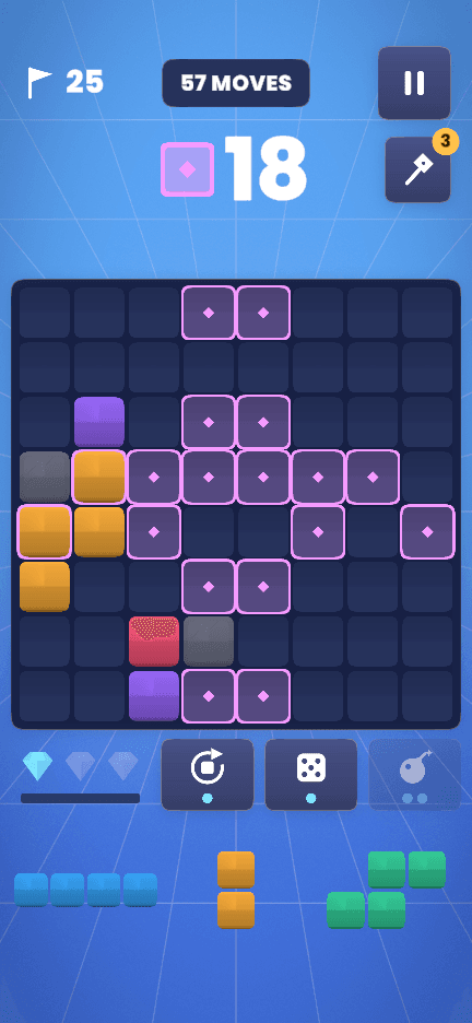 Adventure level 25 in Prizma, with crystal tiles to clear in 57 moves