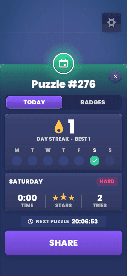 Prizma Daily Puzzle #276 with the day streak, stars and a share button